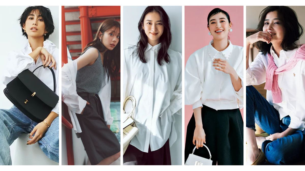 白シャツコーデ30選のキービジュアルとして5人のVERYモデルの白シャツコーデをコラージュしたもの