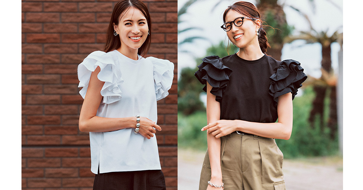 肩のフリルが華やかなキレイめTシャツ, 華やかカットソー