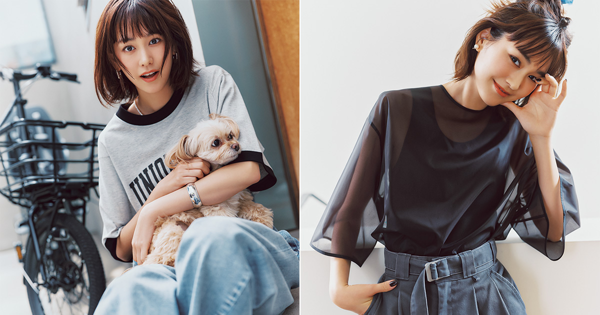 Tシャツとデニムで愛犬を抱っこする桐谷美玲さんとシアートップスとタックパンツコーデの桐谷美玲さん