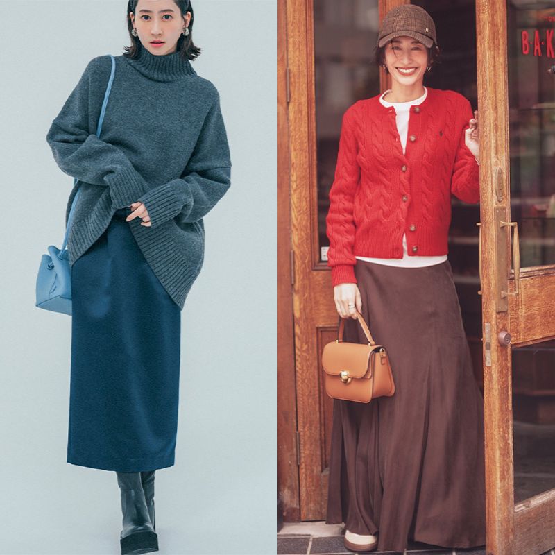 ロングスカート×ニットの河北麻友子さんとマキシスカート×カーデの神山まりあさんのコラージュ画像