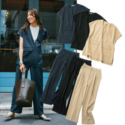 真夏の“きちんと”に【ジレ×パンツ】セットアップが便利！リネン風素材が涼しげ◎