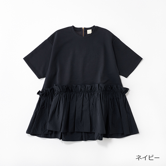 THREE SQUARE]ペプラムコンビハーフスリーブプルオーバー
