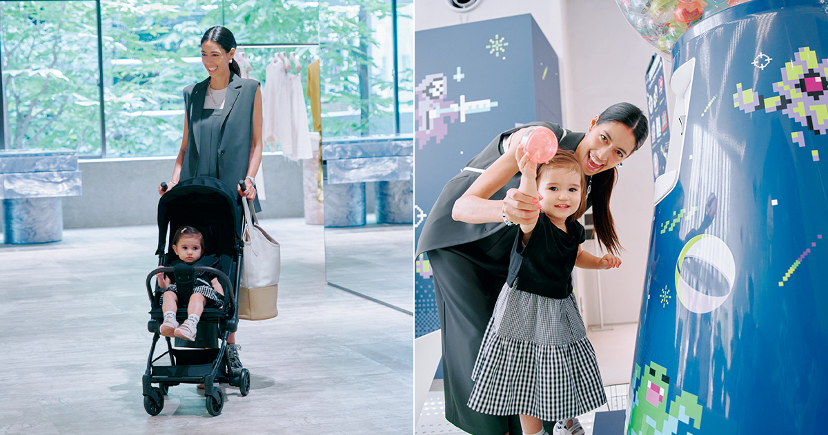 GINZA 456 Created by KDDIで遊ぶ森泉さんと子どもと、JIL SANDERの店内で買い物をする様子