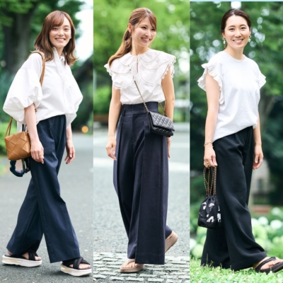 公園でもキレイめ派のママは【上品白トップス】×【締め色ワイドパンツ】が新定番！