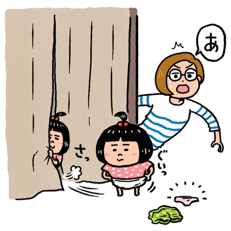 うんちがしたくなった女の子がオムツを穿いてこっそりカーテンの裏に隠れてする様子のイラスト