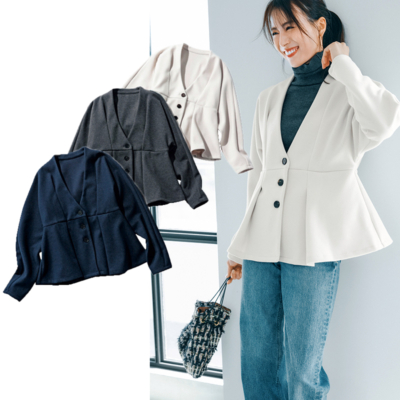 お仕事も休日も頼れる！【カーデ風ペプラムジャケット】は冬のママの味方