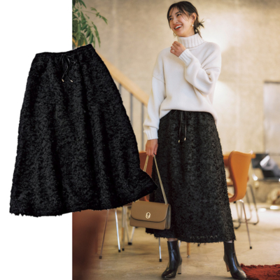 冬のモノトーンが華やぐ！『ジャカードスカート』で高見え【30代ママコーデ】