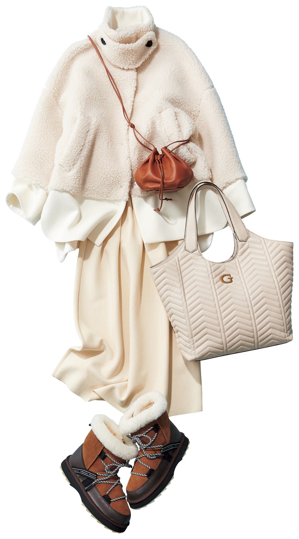 全身白コーデにエミュ オーストラリアのボアブーツを合わせたスタイル