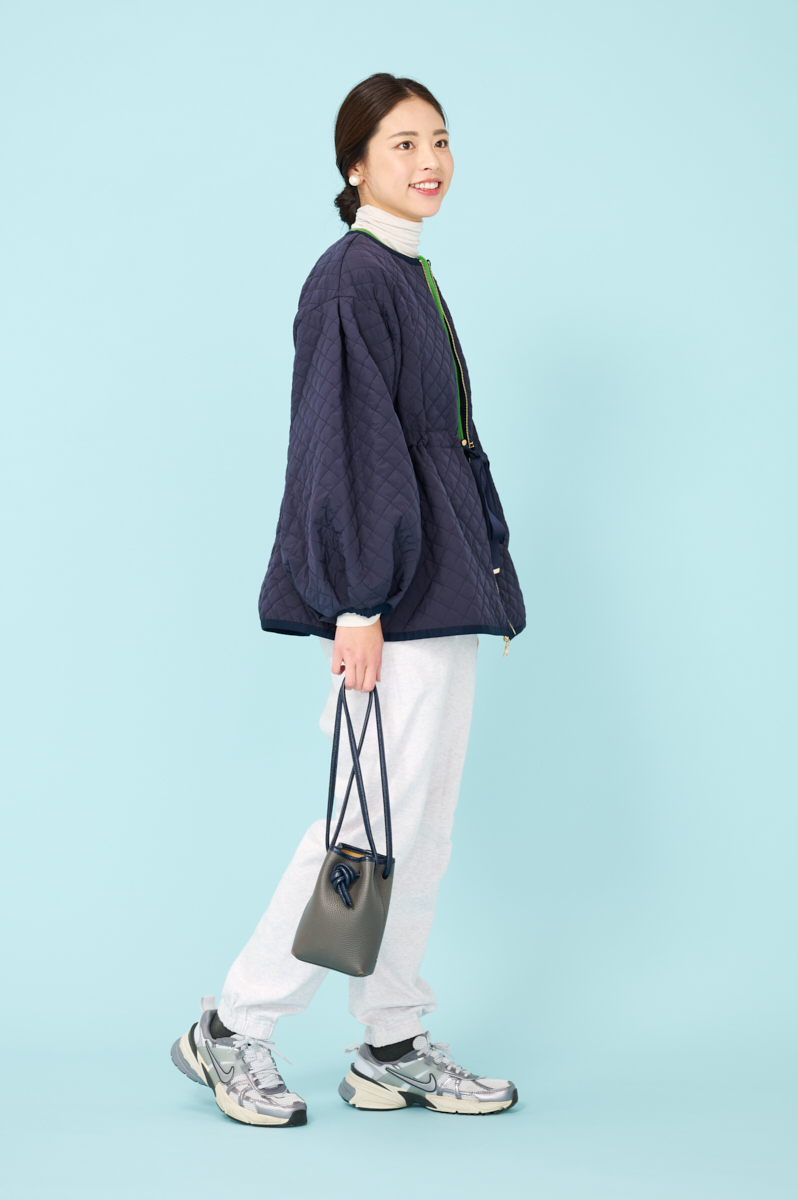 クラウドチームVERY加藤奈穂の[THREE SQUARE]リボンキルティングコートコーデ