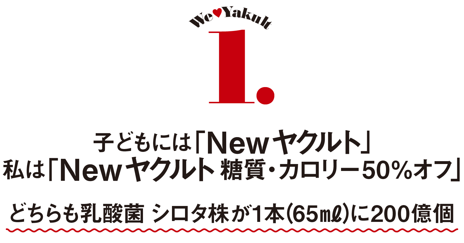 We♥Yakult-1.子どもには「Newヤクルト」私は「Newヤクルト糖質・カロリー50％オフ」-どちらも乳酸菌シロタ株が1本（65㎖）に200億個