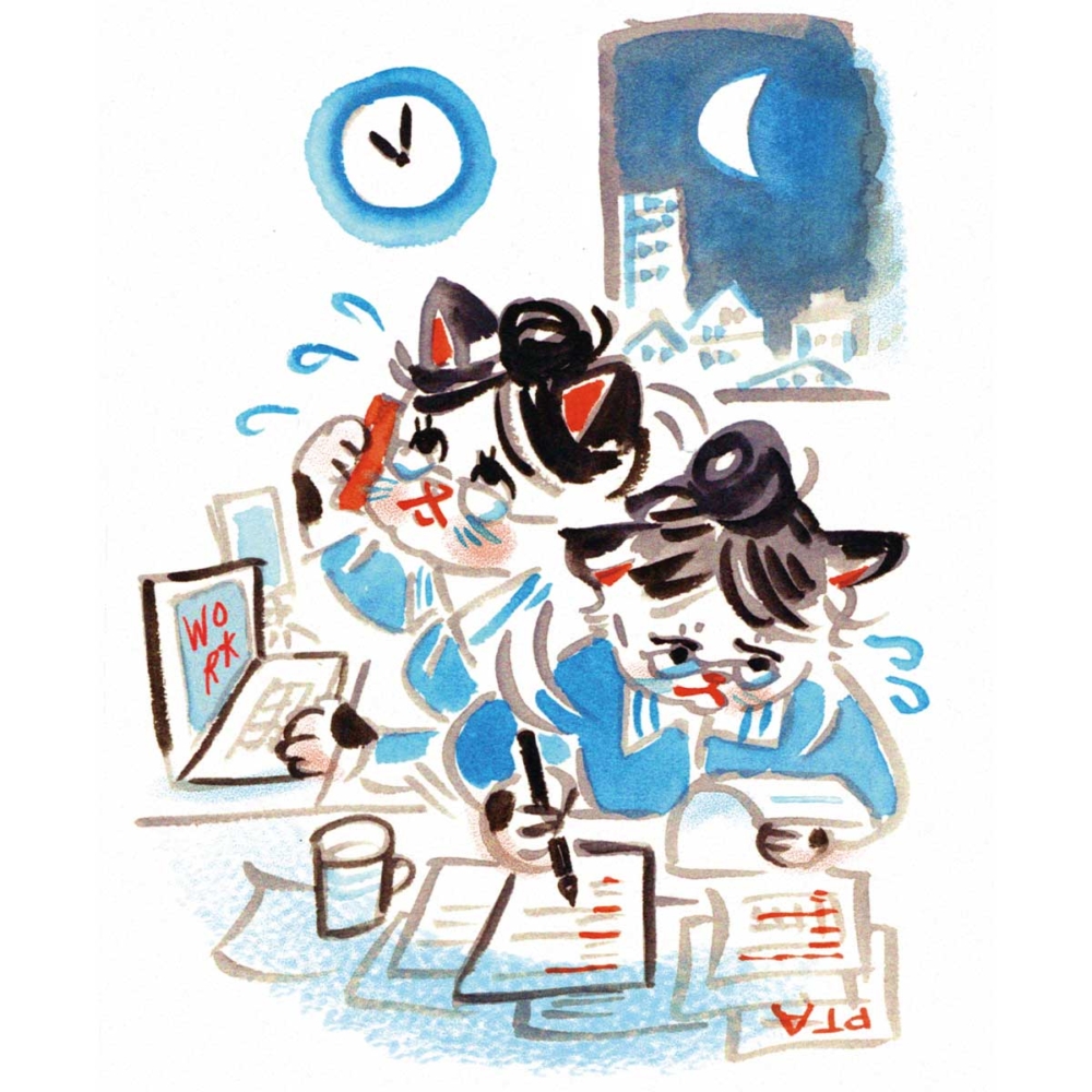 夜遅くまで忙しく仕事やPTA活動をする動物のイラスト