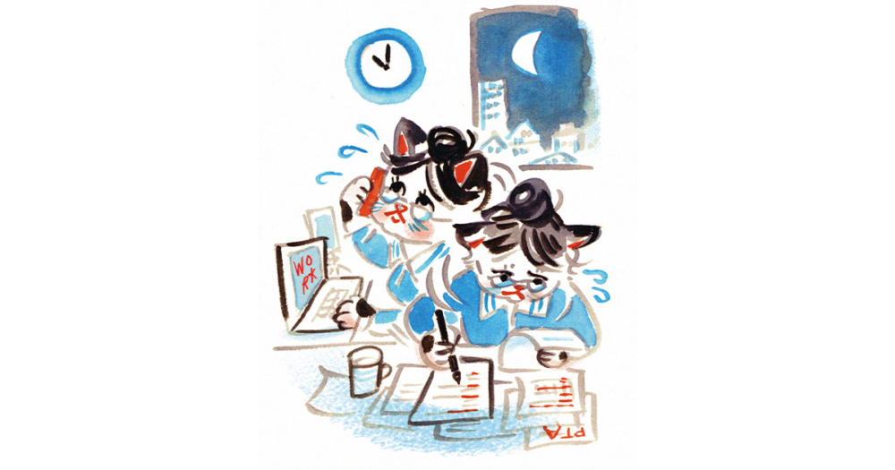 忙しく仕事やPTA活動をする動物のイラスト