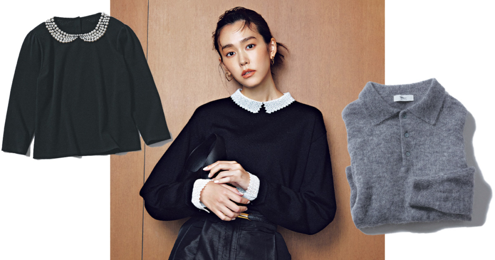 ビジュー衿ニットとグレーのふんわり素材のポロニットとレース衿がついたニットを着た桐谷美玲さん