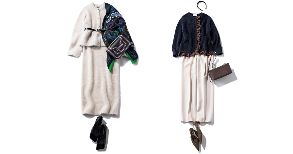 スローンのニットカーデとスカートのセットアップとユナイテッドアローズのフリルがついたカーディガンでドレスアップしたコーデ