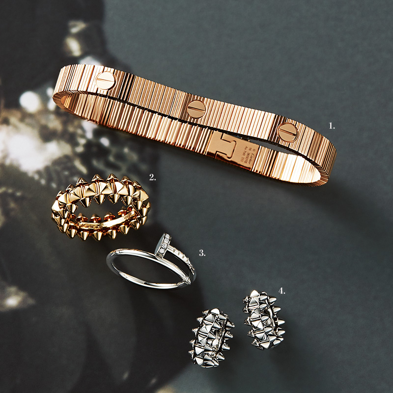 カルティエのLOVE アンリミテッドのブレスレットとクラッシュドゥカルティエのリングとイヤリングとジュストアンクルのリング