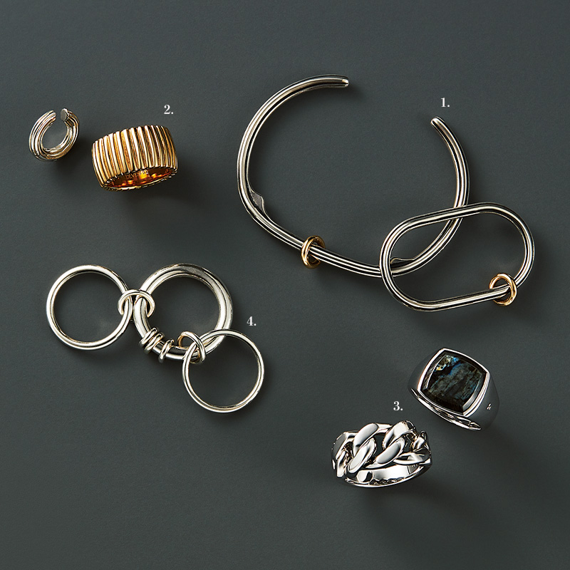 ヒロタカのバングルとダブルリングとデベの地金リングとイヤーカフとトムウッドのリングとスピネリキルコリンのリング