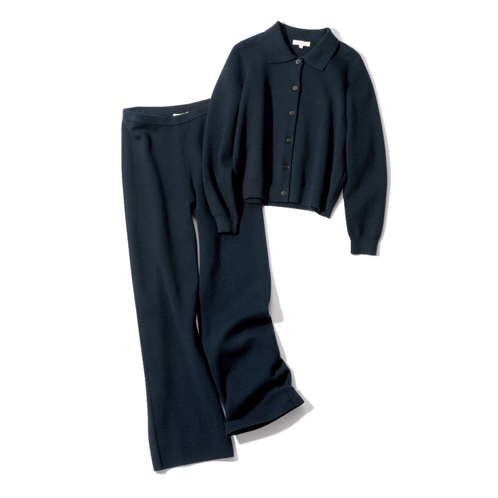 デミリーの衿つきニットカーデとパンツのセットアップ