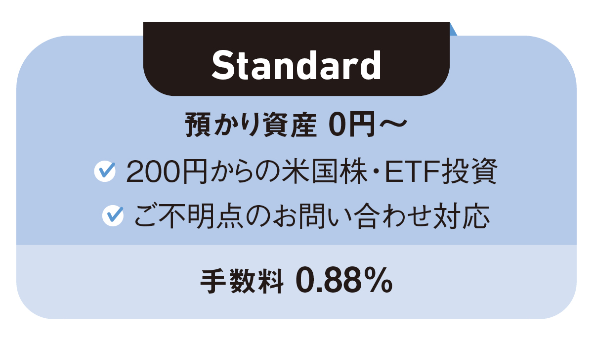 Standard-預かり資産 0円〜-200円からの米国株・ETF投資-ご不明点のお問い合わせ対応-手数料 0.88％