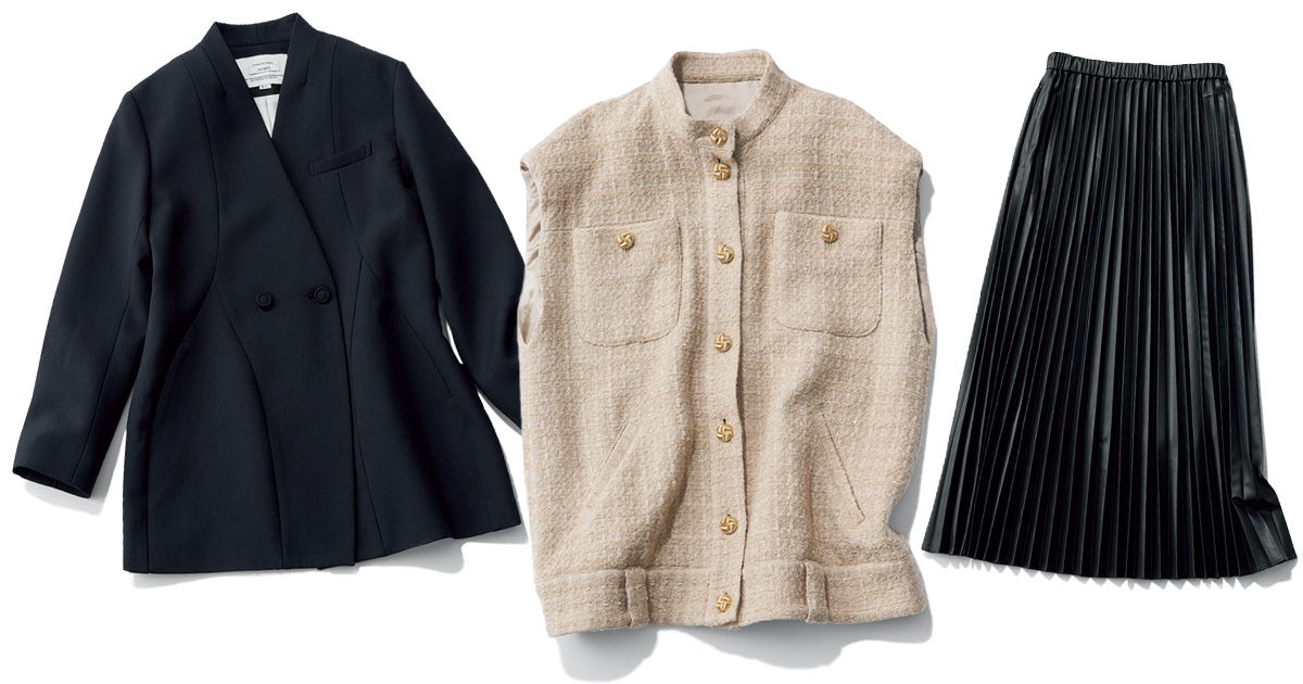 ジャケットとツイードジレとフェイクレザーのプリーツスカート