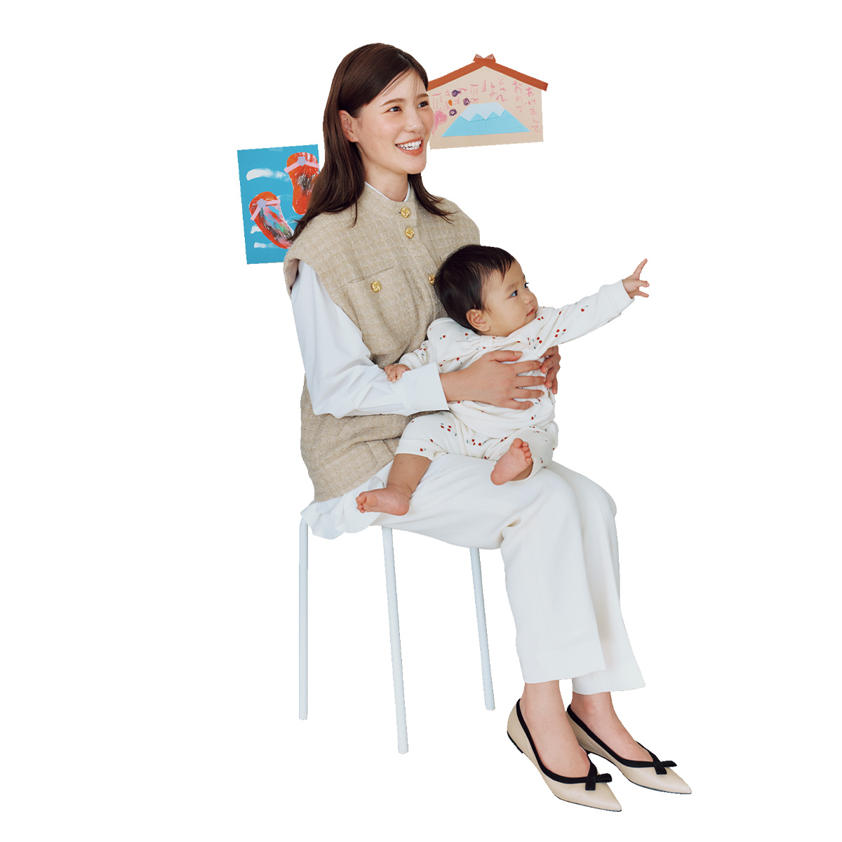 ルフィルの白ペプラムブラウスとサヴィルサヴィの白パンツのツイードジレを重ねたキレイめコーデ