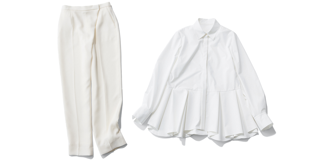 サヴィルサヴィの白パンツとルフィルの白ペプラムブラウス