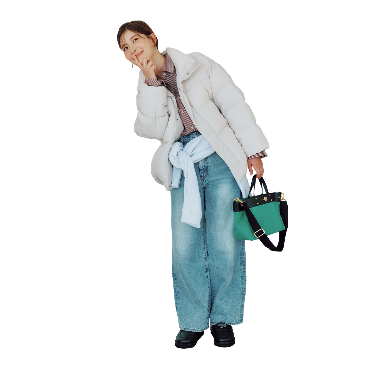 ゆるデニムとストライプシャツを合わせた冬コーデ