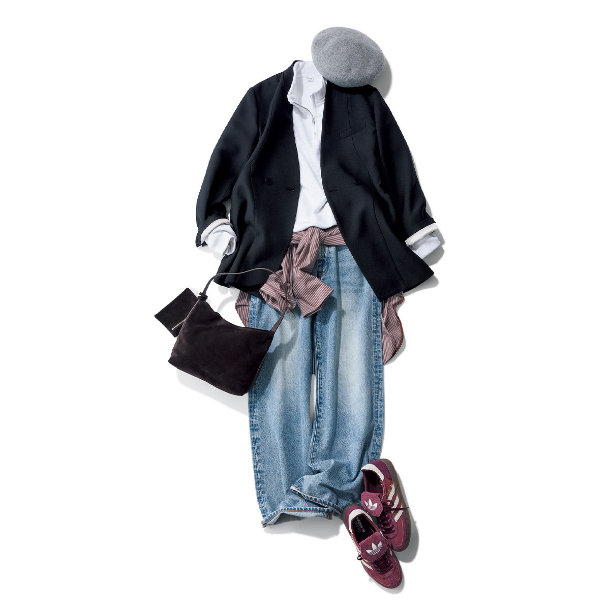 ハーフジップスウェットとデニムにストライプシャツを腰巻きしてウエストシェイプジャケットを羽織った美術館コーデ