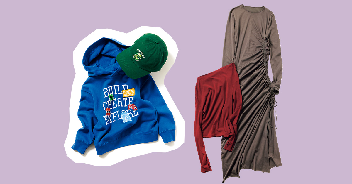 ユニクロとマインクラフトのコラボのキッズスウェットパーカとキャップとESS BYのワンピースとトップス