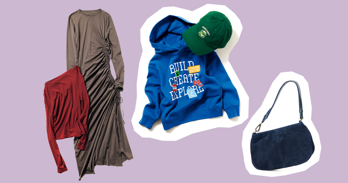 ESS BYのカットソーとワンピースとユニクロとマインクラフトコラボのスウェットとキャップとトゥティエのネイビーバッグ