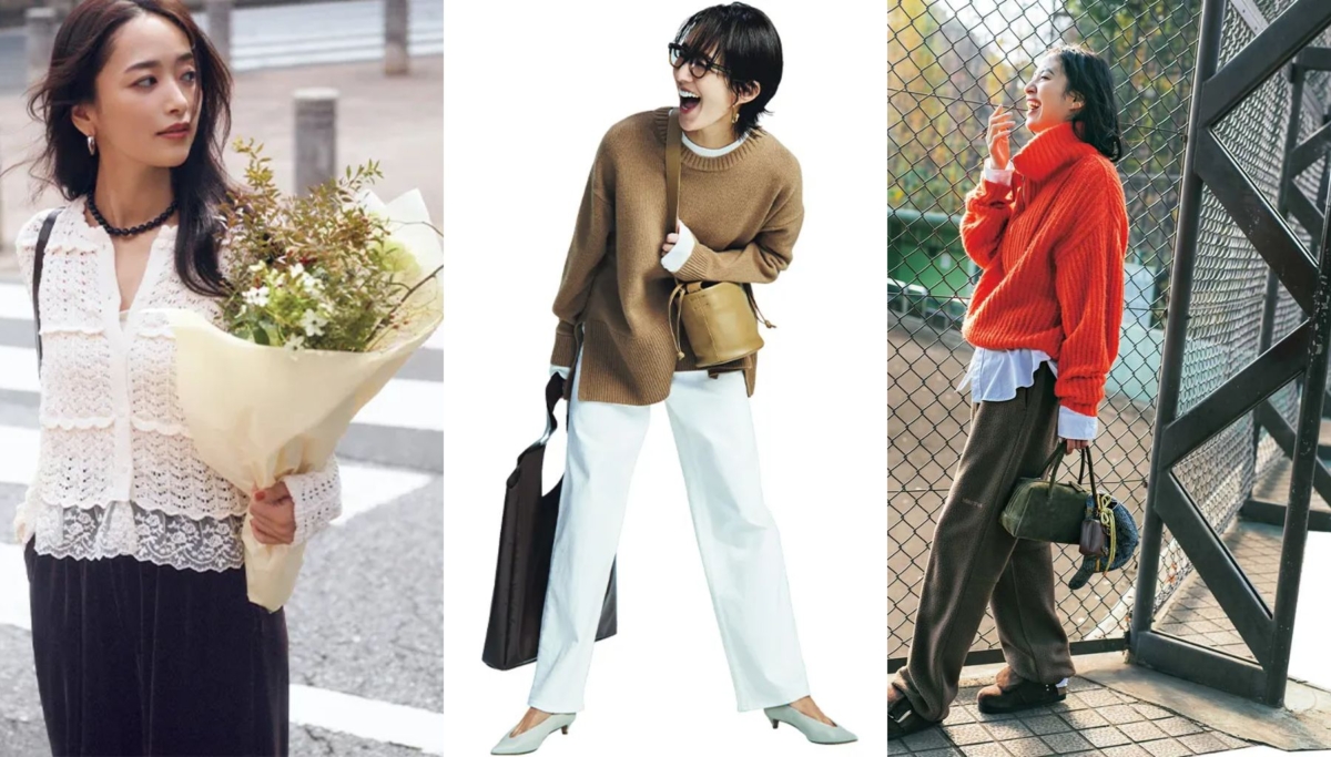左から、レースカーデにベロアパンツ、ベージュブラウンのニットに白デニム、オレンジニットにフリースパンツのコーデ