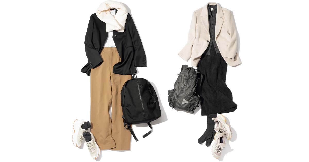 ジャケットベースの通勤スタイルにリュックとスニーカーを合わせたコーデ