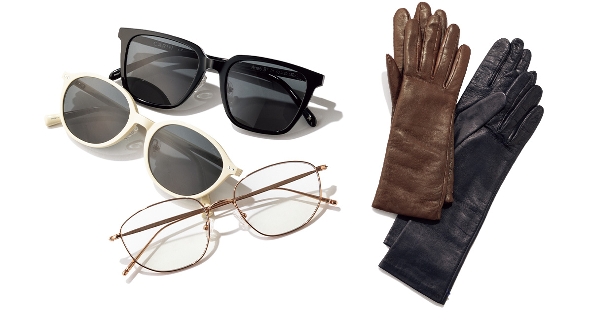 冬を盛るサングラス、メガネ、グローブ