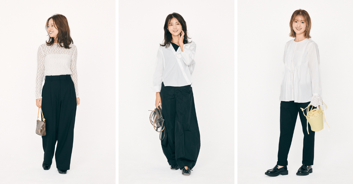 クラウドチームVERYの白ブラウス×黒パンツコーデ