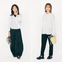 クラウドチームVERYの白ブラウス×黒パンツコーデ