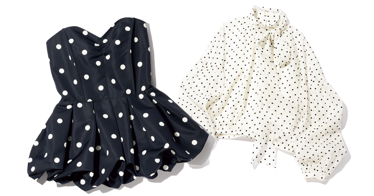 ユナスのドット柄ビスチェとミラオーウェンのドット柄ブラウス