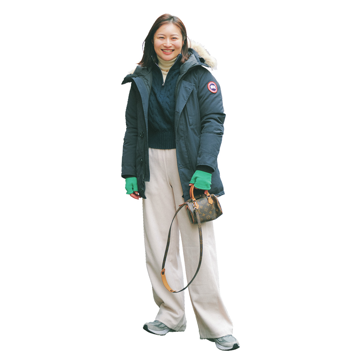 グリーンを差し色にした防寒コーデ