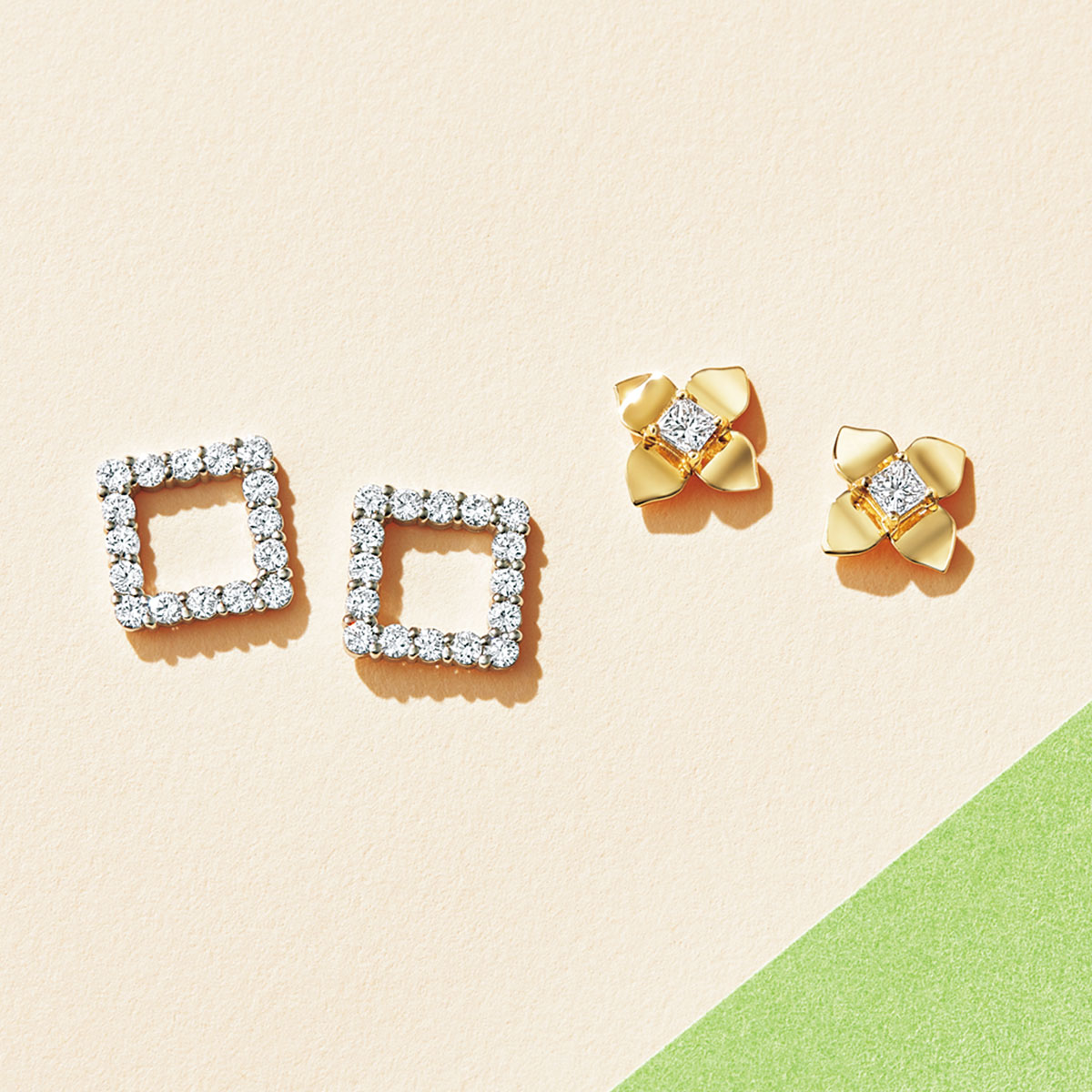 AYAKO SAKURAIの紫陽花モチーフのピアスとスクエアフォルムのダイヤモンドピアス