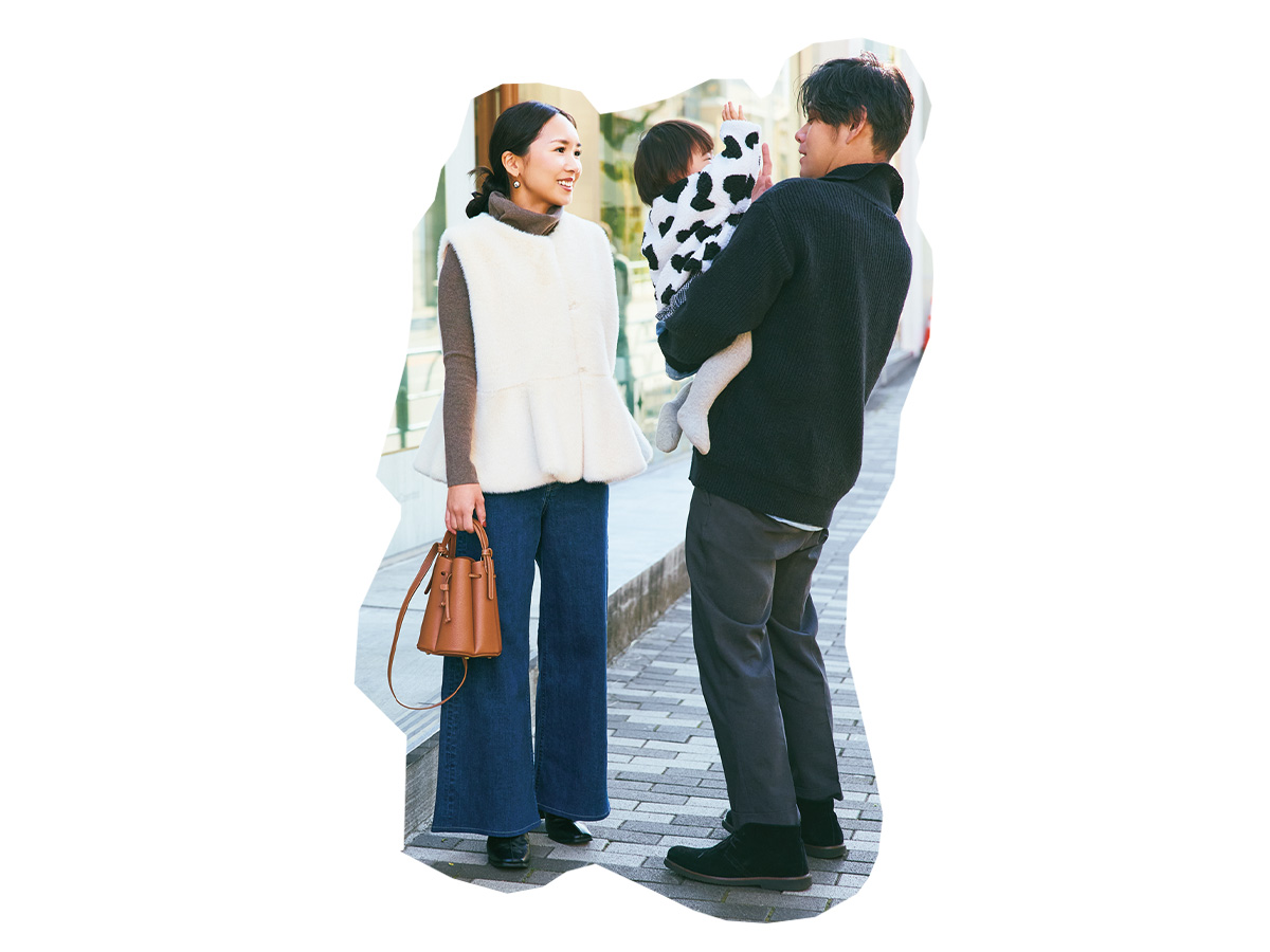 タートルニットとデニムにファーベストを重ねた読者コーデ