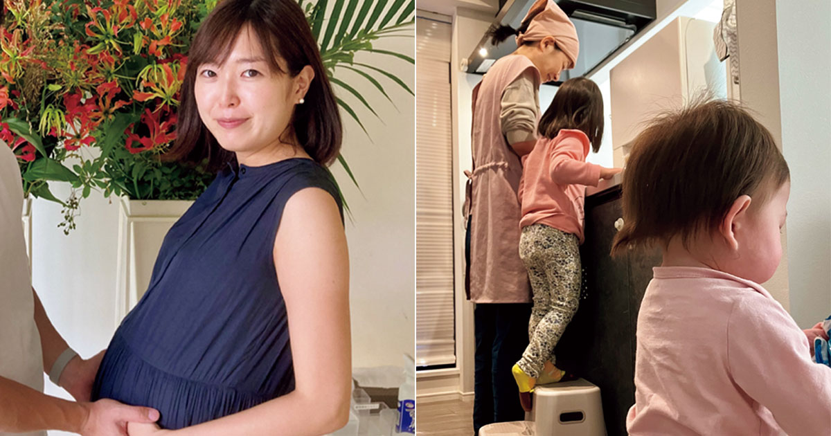 妊娠中のママと料理をする家事代行さんと子どもたち