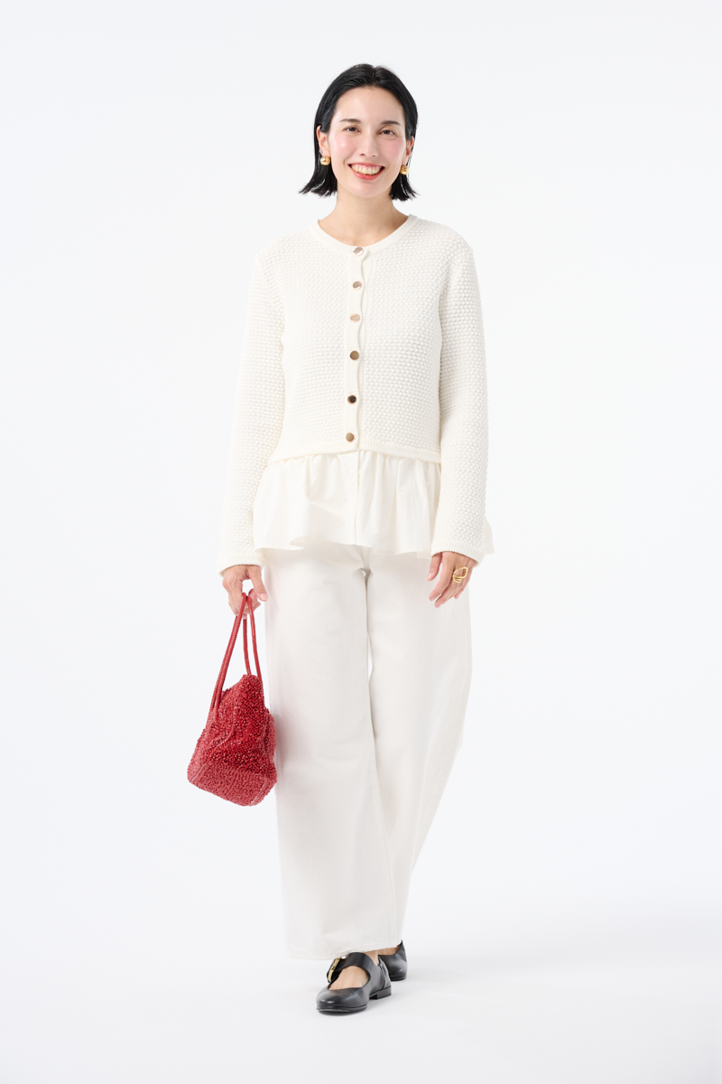 クラウドチームVERY太田史帆子の[THREE SQUARE]ペプラムニットカーディガンコーデ