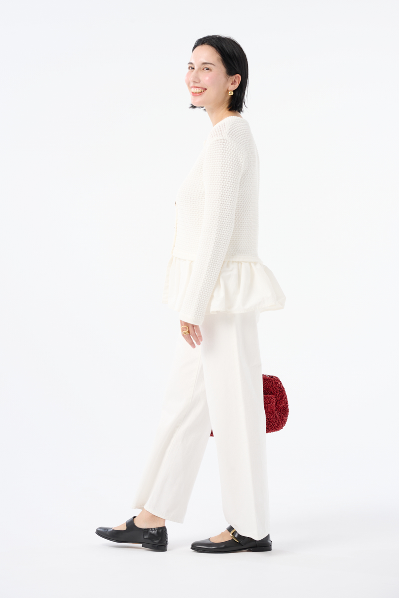 クラウドチームVERY太田史帆子の[THREE SQUARE]ペプラムニットカーディガンコーデ