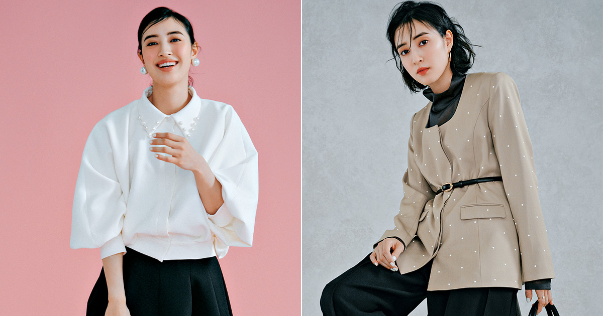 パハマンの白シャツブルゾンのコーデとシーニュのパール付きジャケットのコーデ