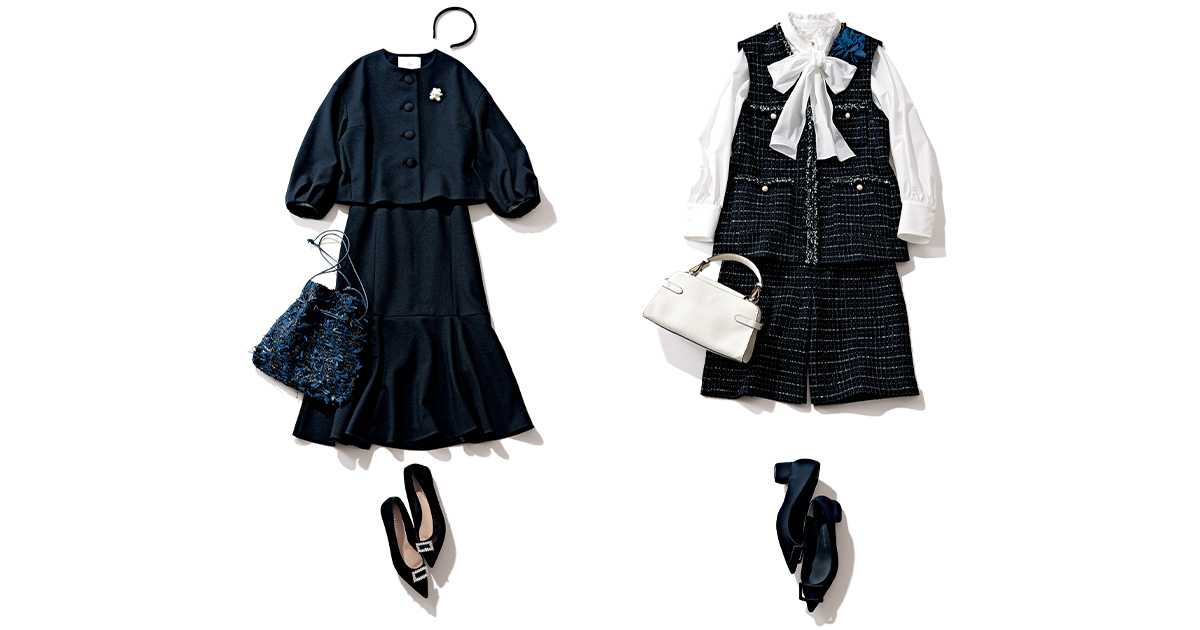 ティアラのノーカラージャケットとスカートのネイビーセットアップとアナイのツイードジレとハーフパンツのセットアップ