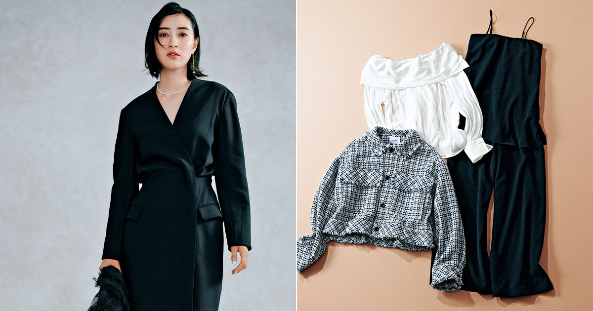 SANTÉ BY ETRÉのワンピースを着た岡本あずささんとミースロエのセレモニー対応コレクション