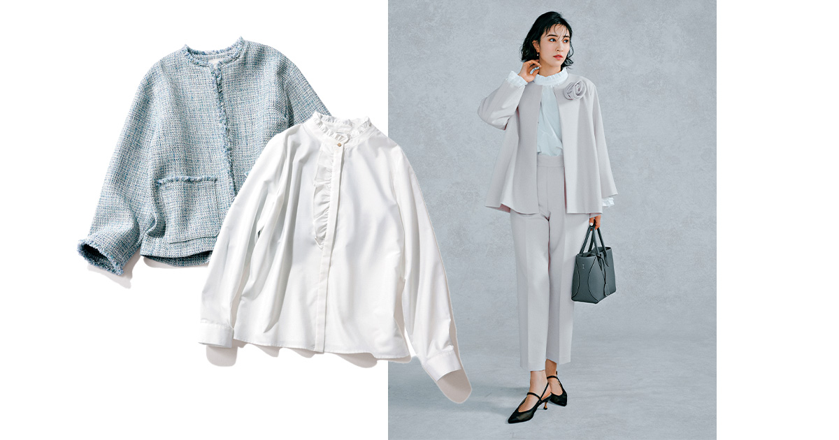 グリーンレーベルのツイードジャケットとフリルの立ち衿ブラウスとベルメゾンのセットアップを着た岡本あずささん