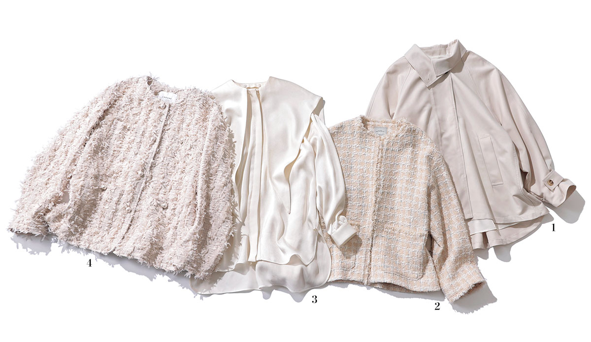 すべてクリームトーンのストラのコートとグリーンレーベルリラクシングのツイードジャケットとシーニュのブラウスとカデュネのシャギージャケット