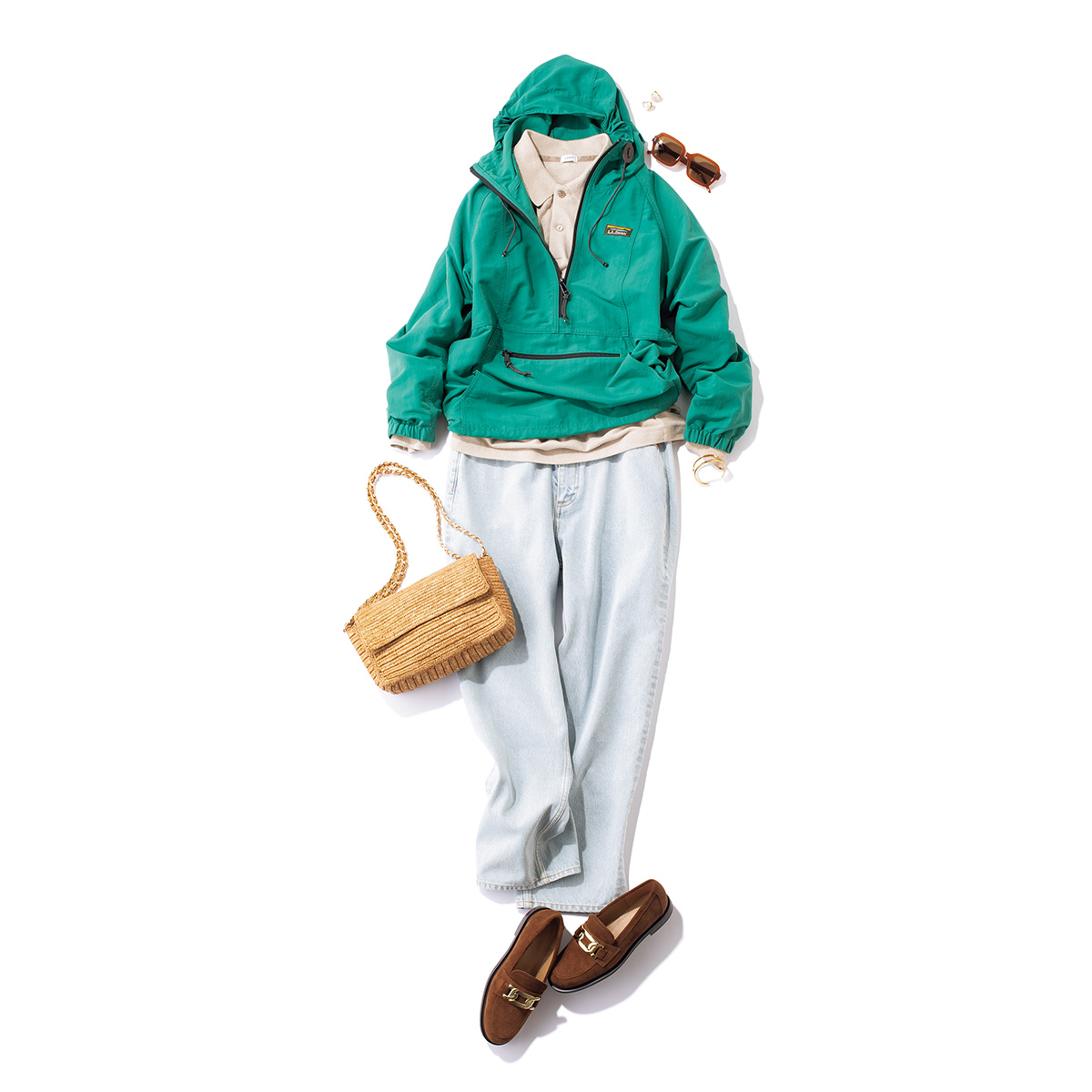 キレイ色のアノラックフーディを主役にした春っぽデニムコーデ