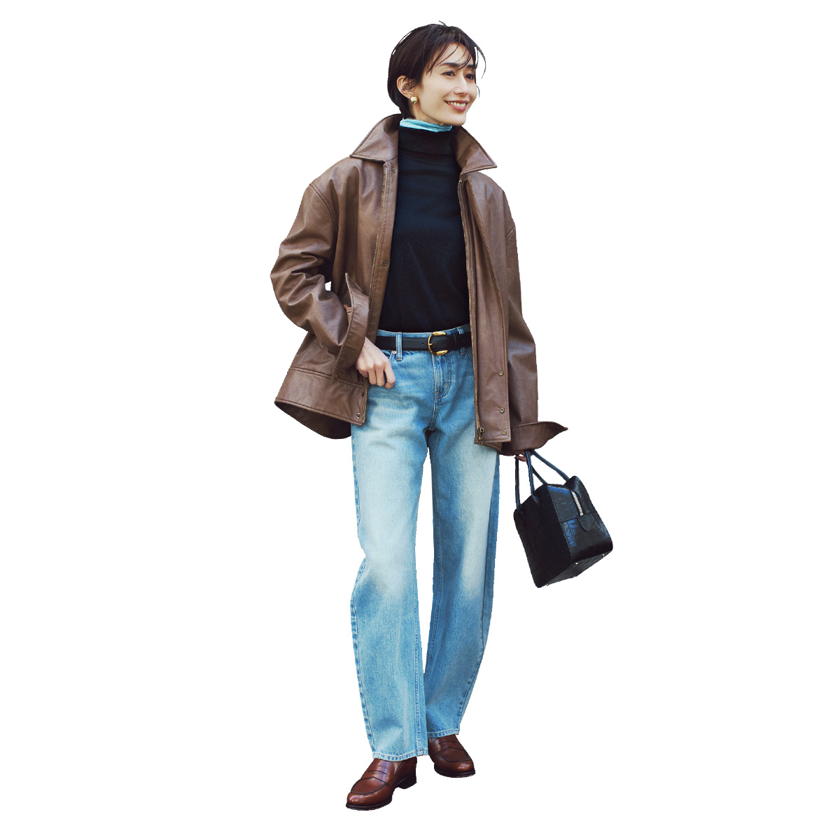 タートルの重ね着にジャケットを羽織ってデニムを合わせたコーデ