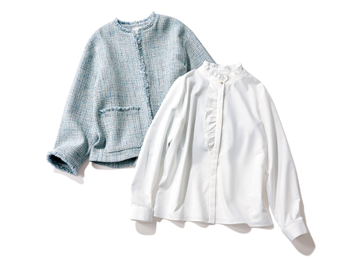 グリーンレーベルのカラーツイードのジャケットとフリルの立ち衿ブラウス