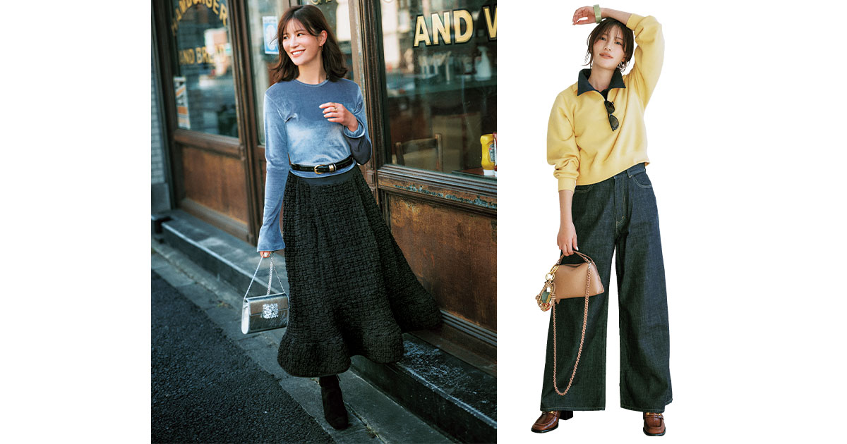 タイトなトップスとフレアスカートのコーデと短丈トップスとバギーデニムのコーデ